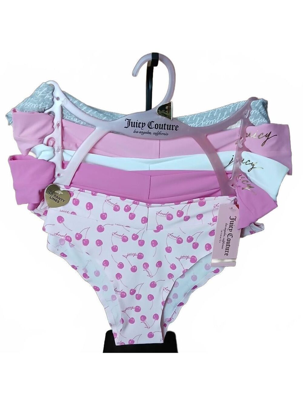 Juicy Couture 5 Pack No Show Panties Cherry Multi Pink White NWT Large E/97